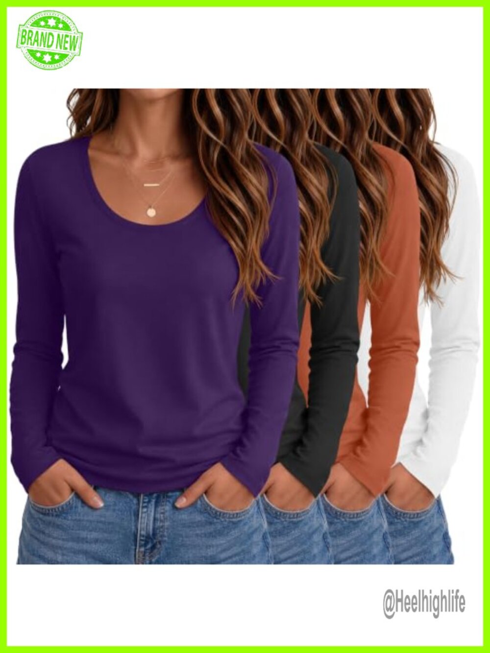Scoop Neck Long Sleeve T-Shirts 4 Pack Loose Fit Casual Tops